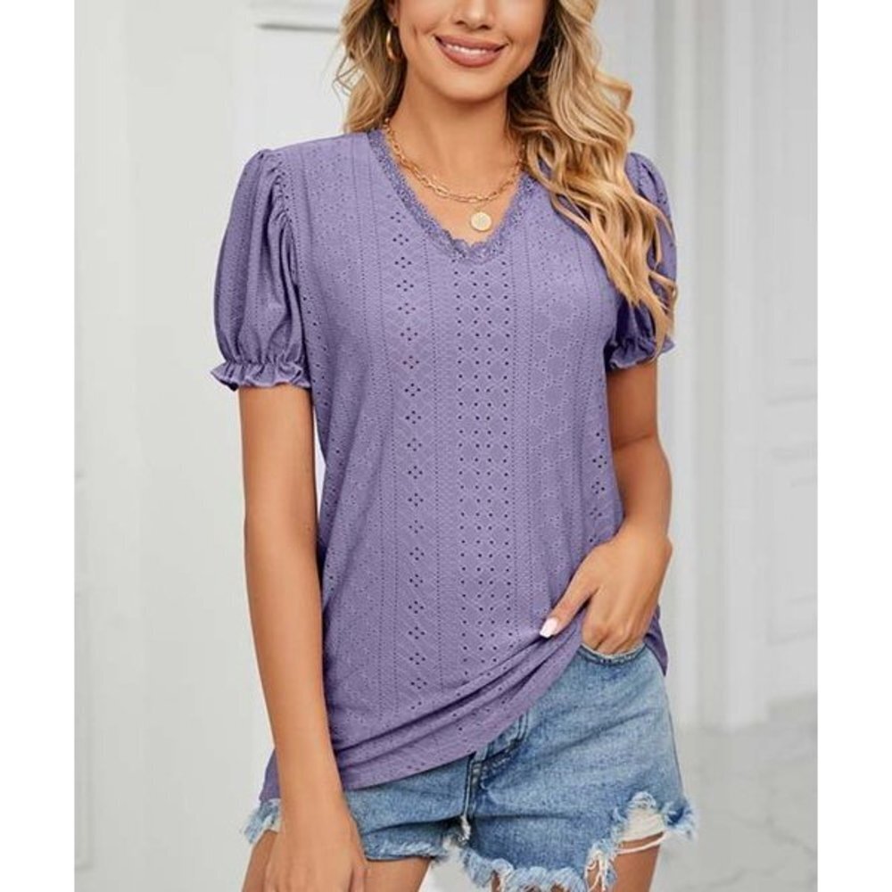 Purple Puff-Sleeve V-Neck Top